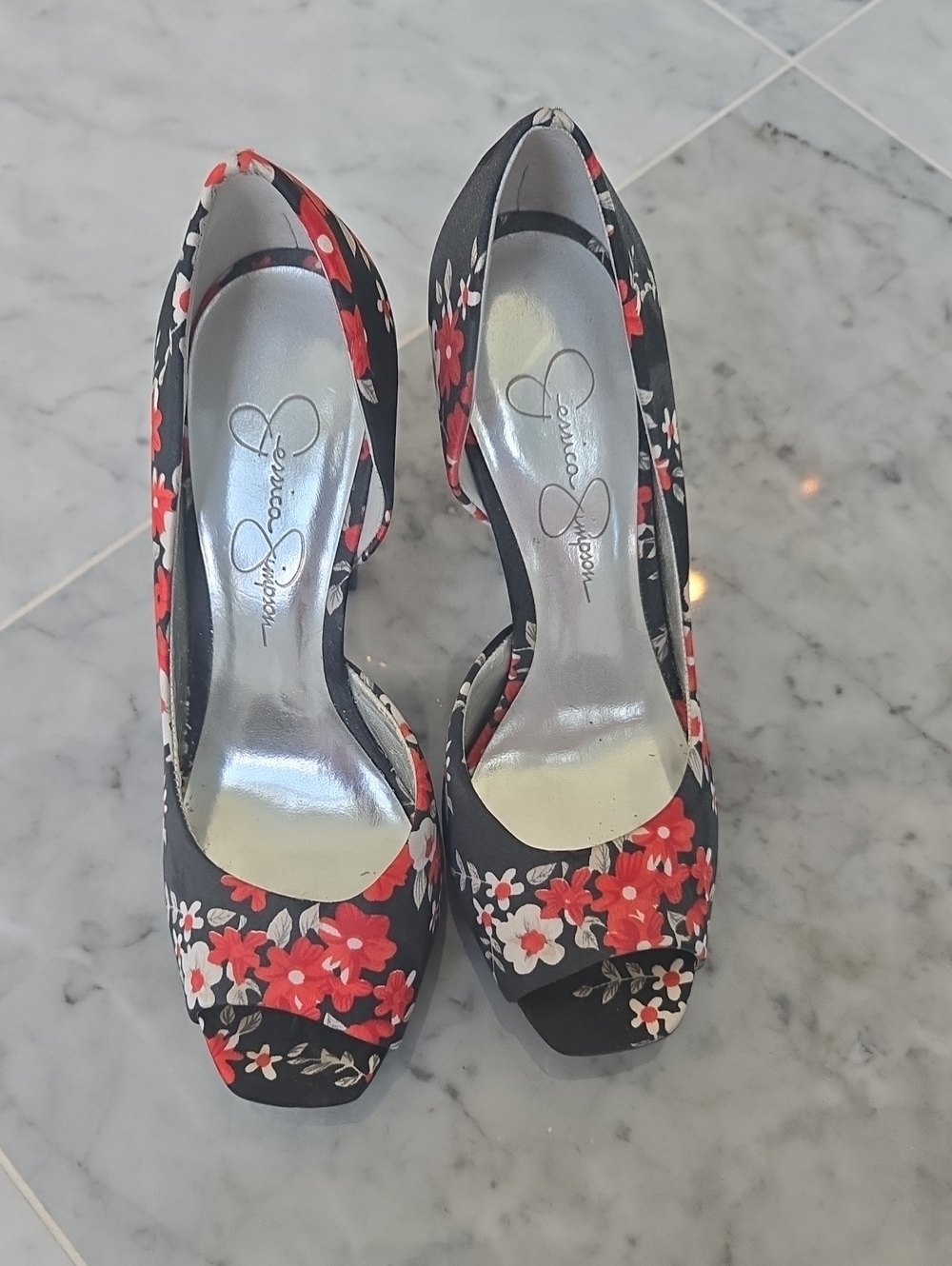 Jessica Simpson Black Floral Peep-Toe Heels - Red & White Flowers